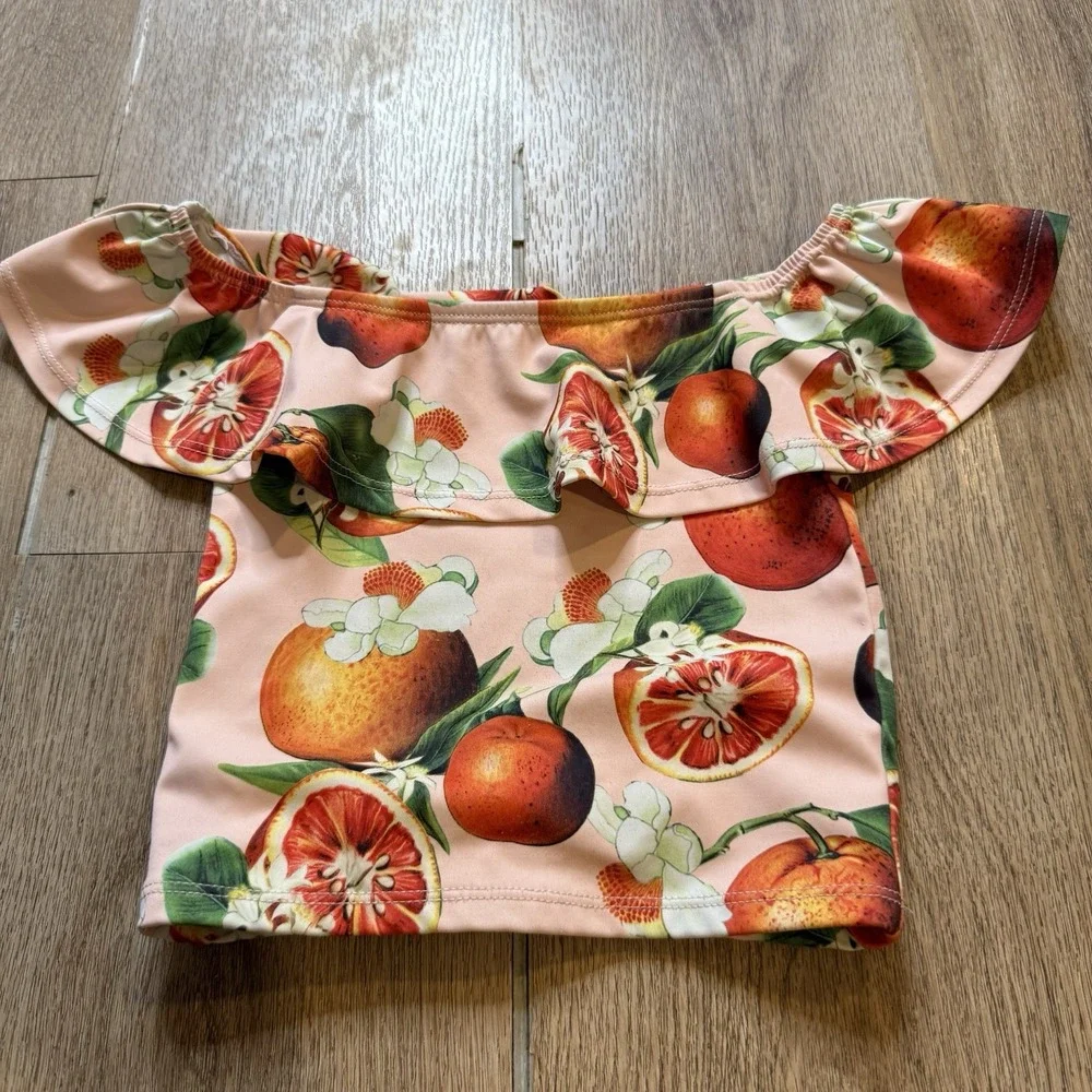 Kortni Jeane pink citrus orange print off the shoulder ruffle swim top 9-12 Mont